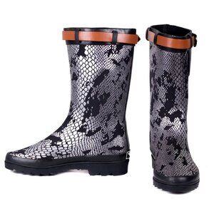 Women Rain Boots, RB-1905 Silver Snake Midcalf Rainboots
